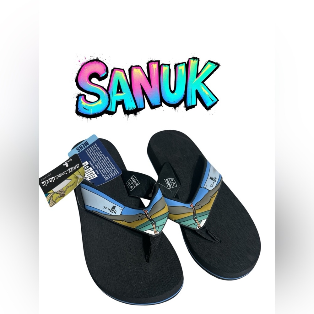 Sanuk Black Flip Flops with Vibrant Straps surfer design